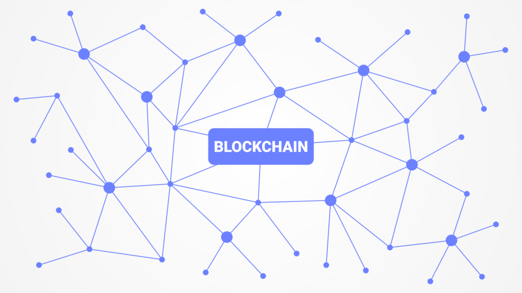White colored background with purple links and Blockchain written in center.