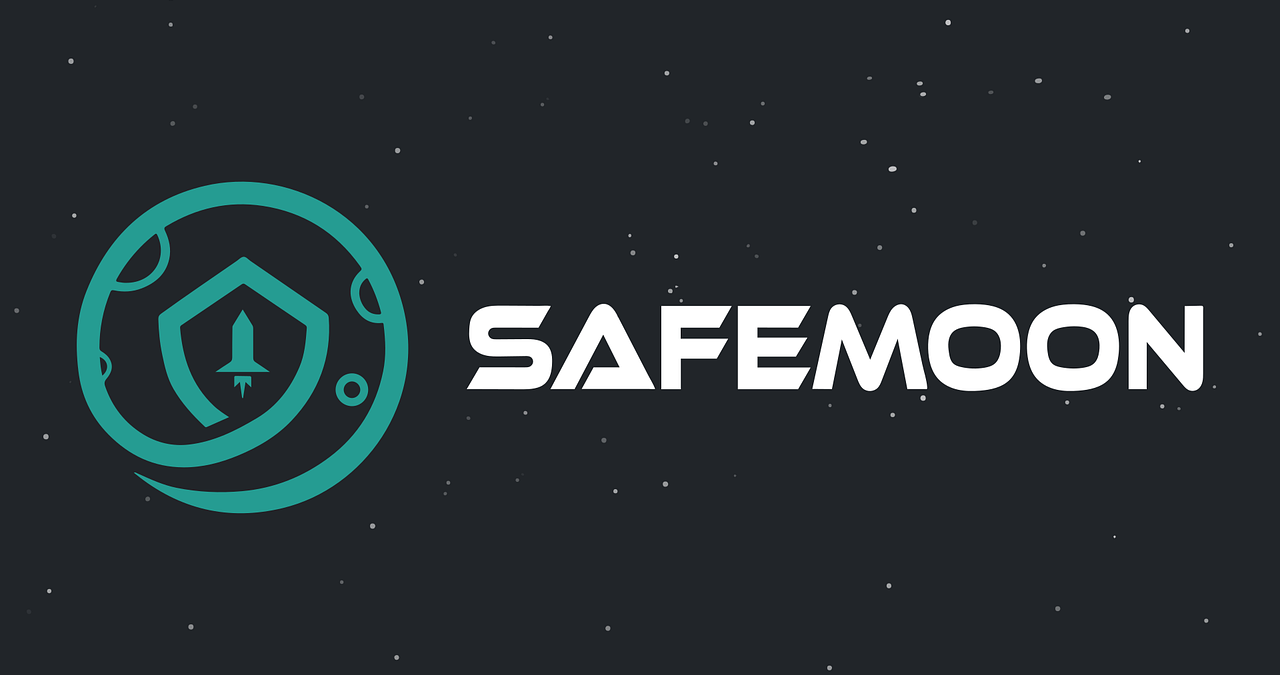 safemoon crypto logo written with white letters and a green logo on a dark background