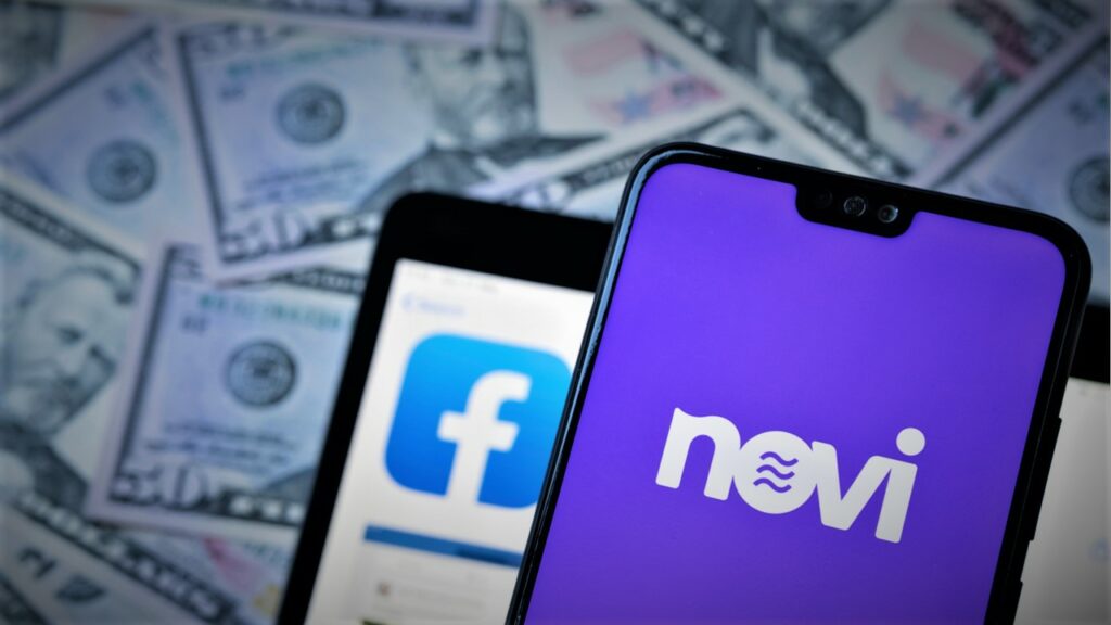 Novi Wallet logo written on a phone with Facebook logo behind the Novi wallet.