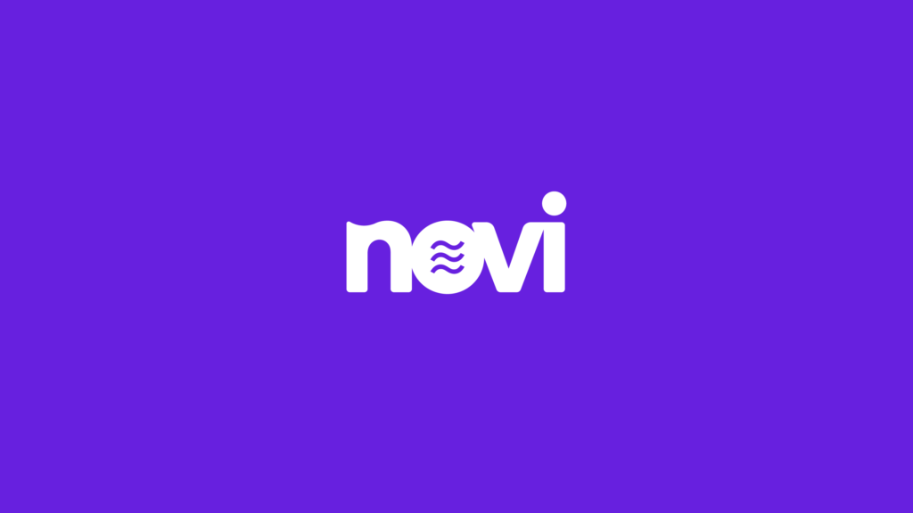 Novi written in white letters on purple background.