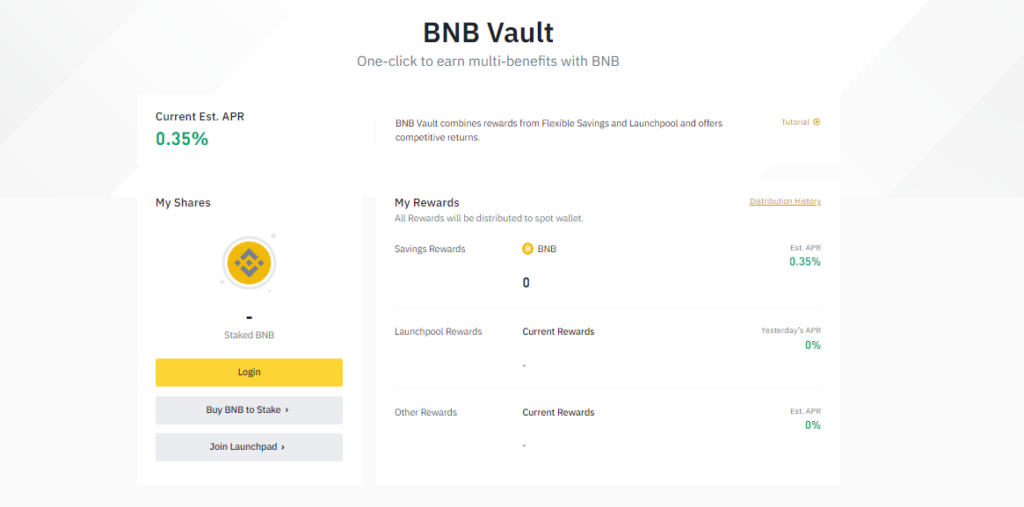 BNB Vault with current APR and all the rewards that you can achieve